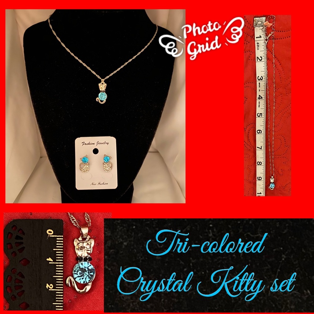 Tri-coloured crystal Kitty set fashion jewellery